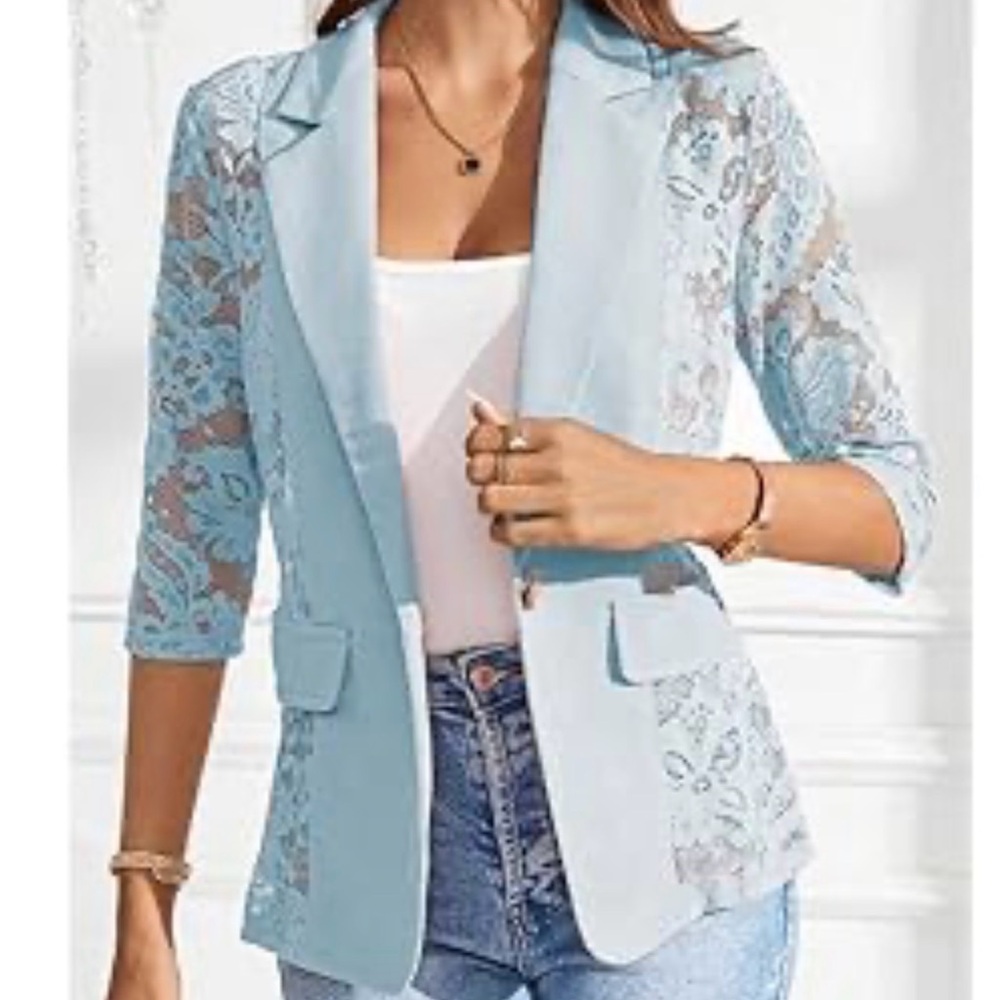 Women's Lace Sleeve Blazer Jacket - Soft Pink